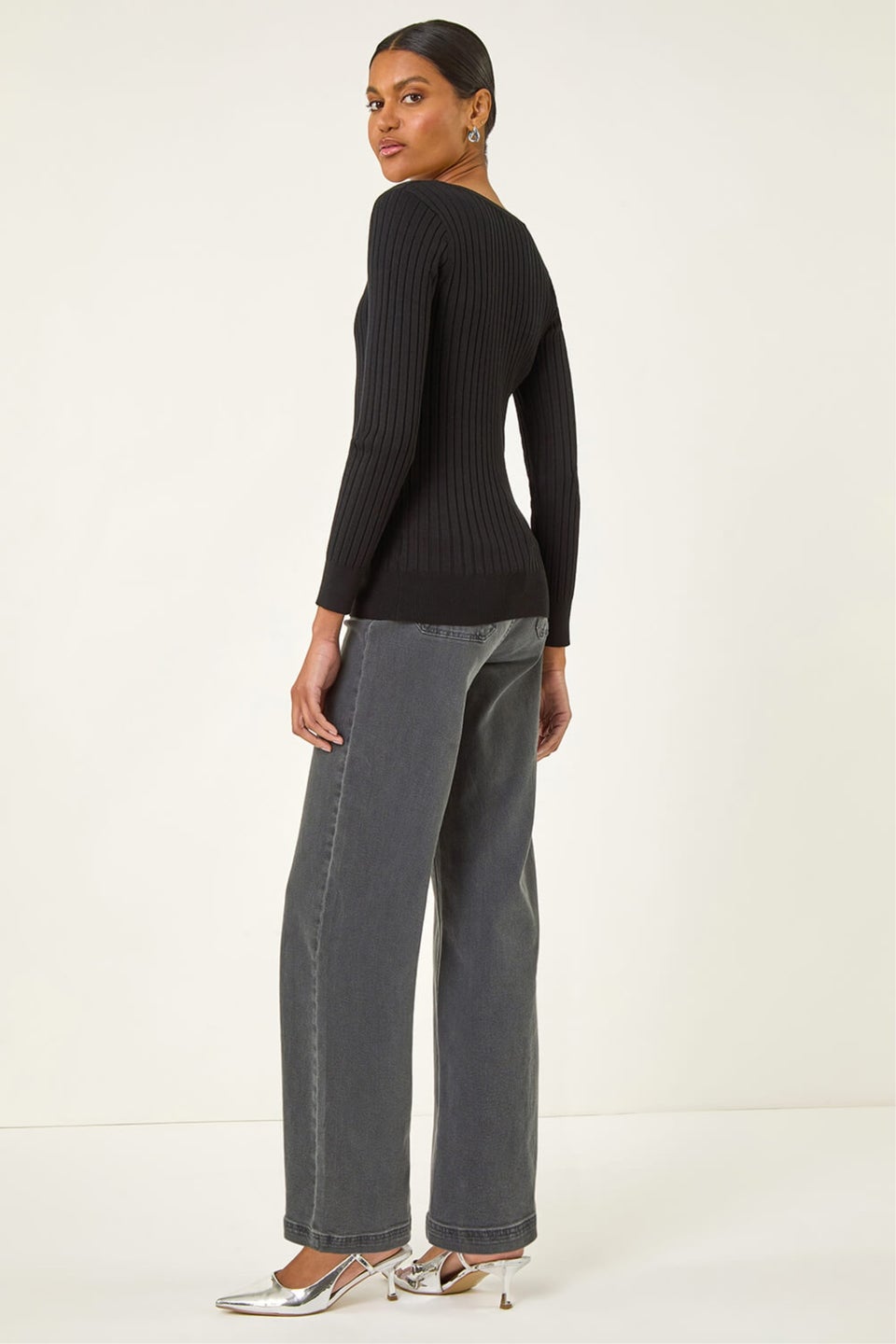 Roman Black Square Neck Ribbed Knit Jumper