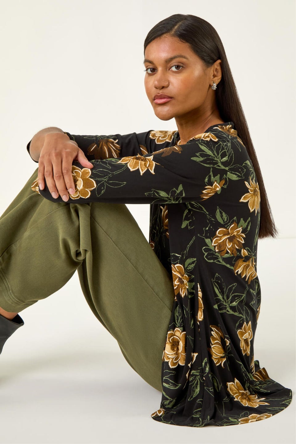 Roman Yellow Floral Print Stretch Tunic Top