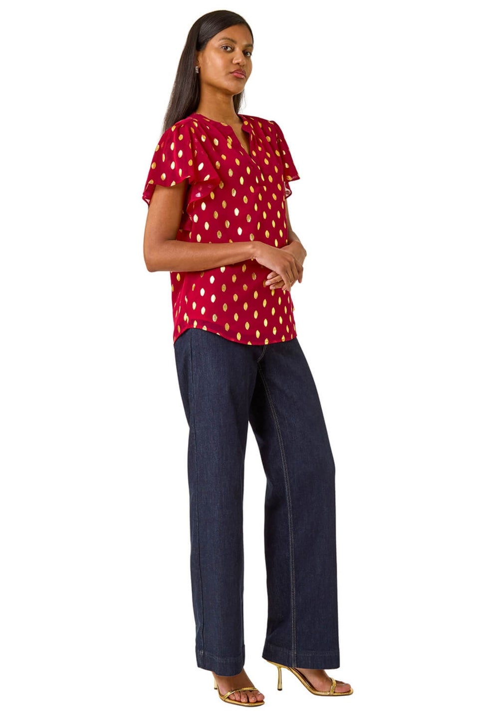 Roman Red Polka Dot Print V-Neck Top