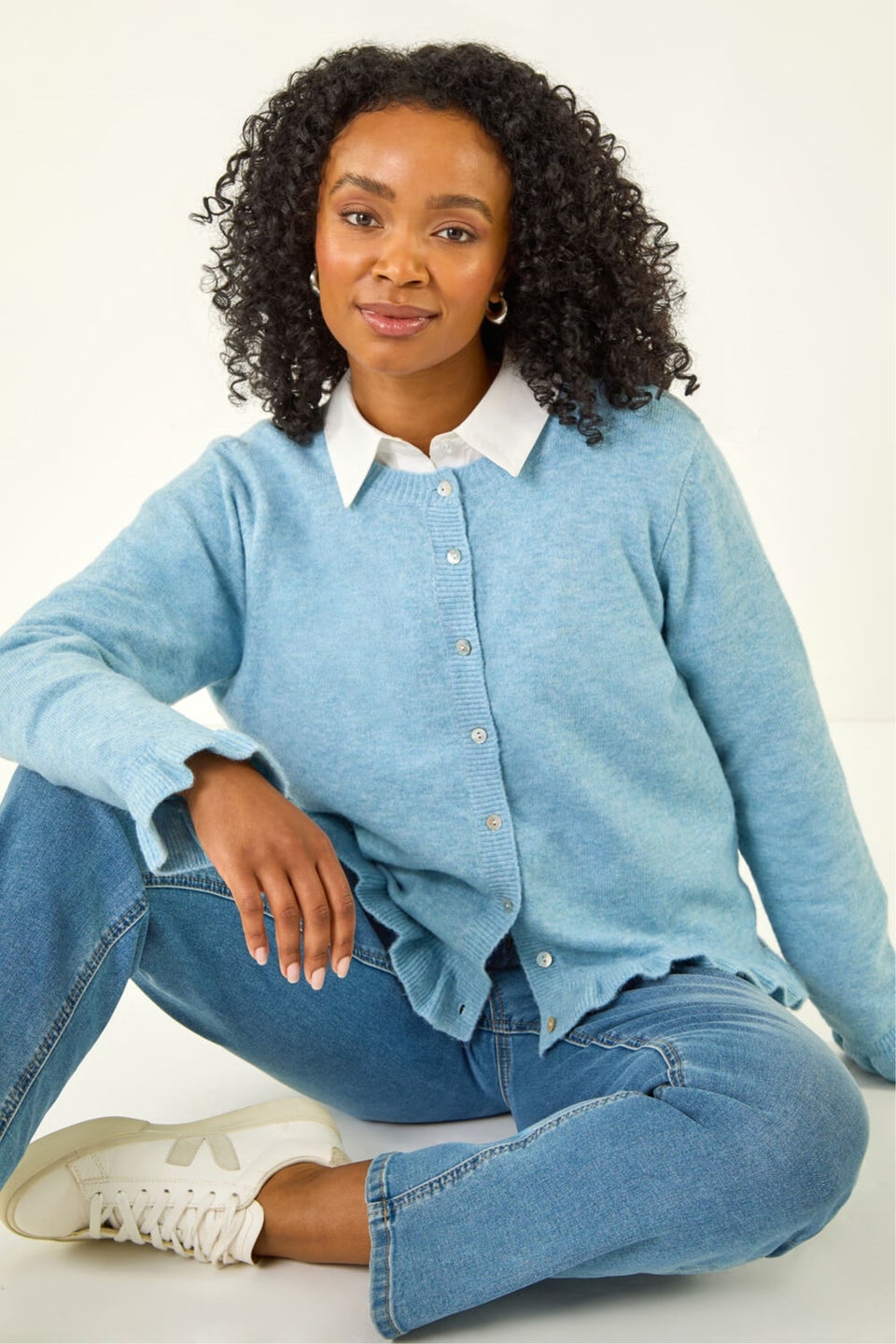 Roman Blue Petite Flute Hem Buttoned Cardigan