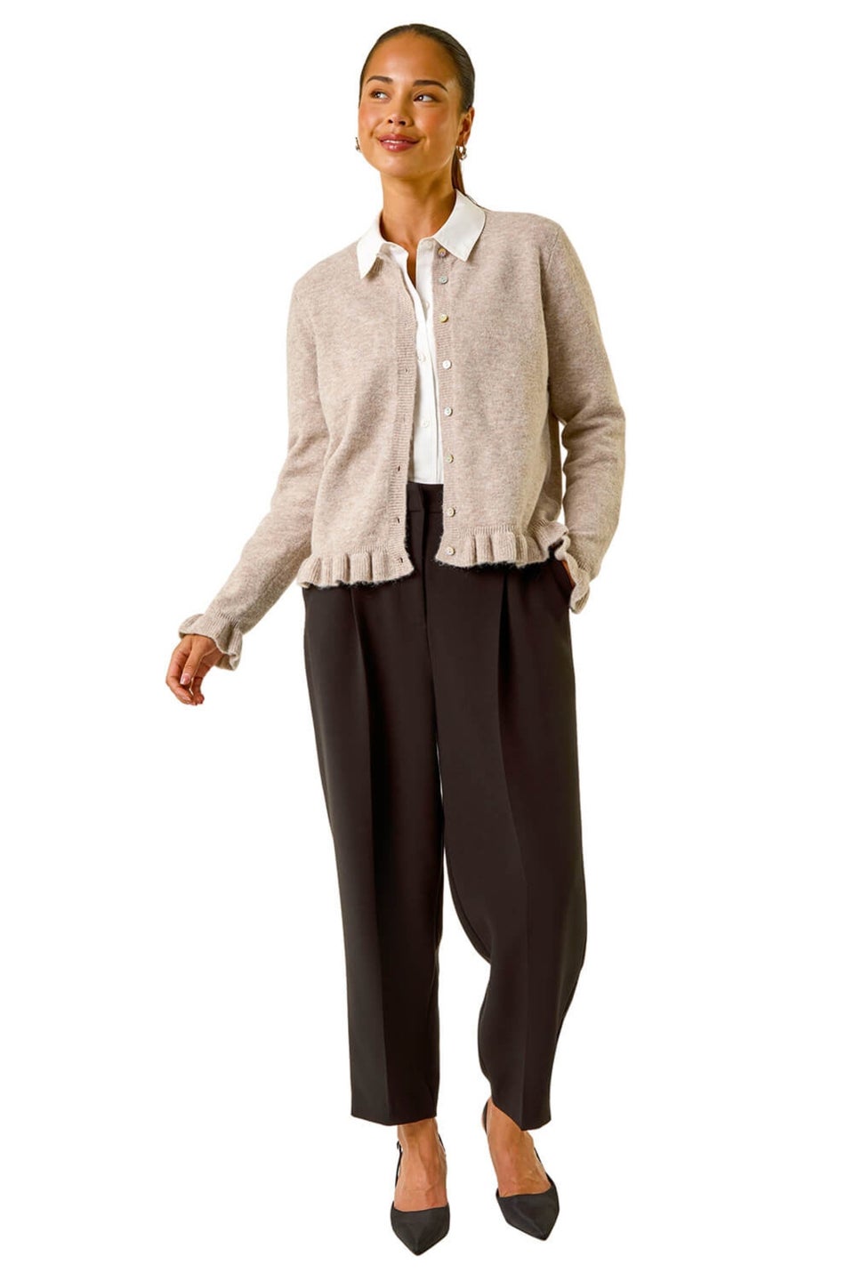 Roman Stone Petite Flute Hem Buttoned Cardigan