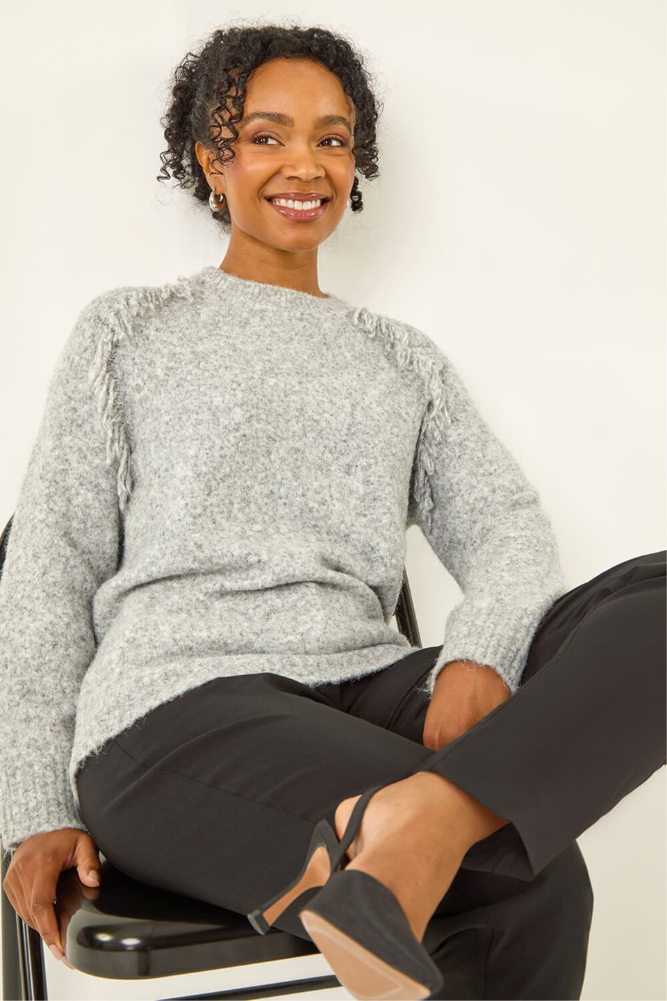 Roman Grey Petite Fringe Shoulder Knit Jumper