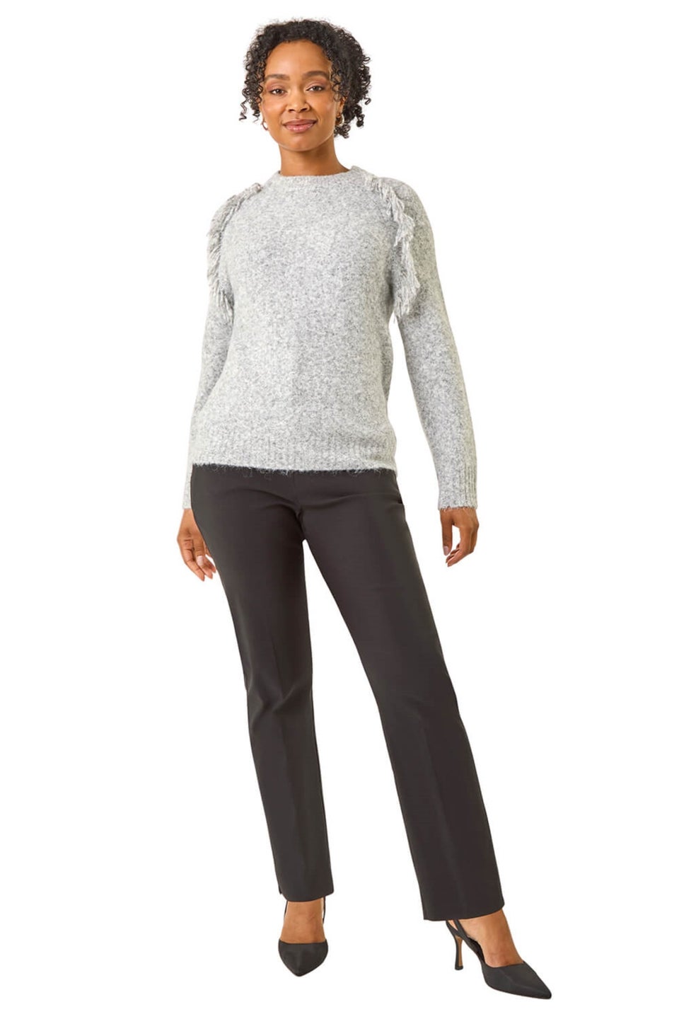 Roman Grey Petite Fringe Shoulder Knit Jumper