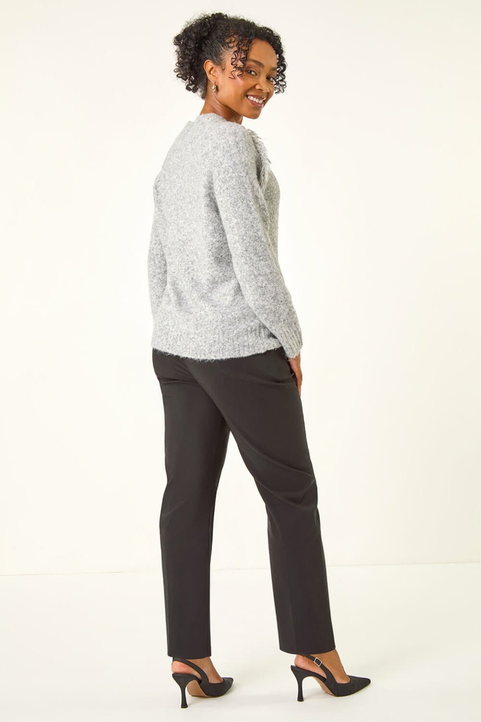 Roman Grey Petite Fringe Shoulder Knit Jumper