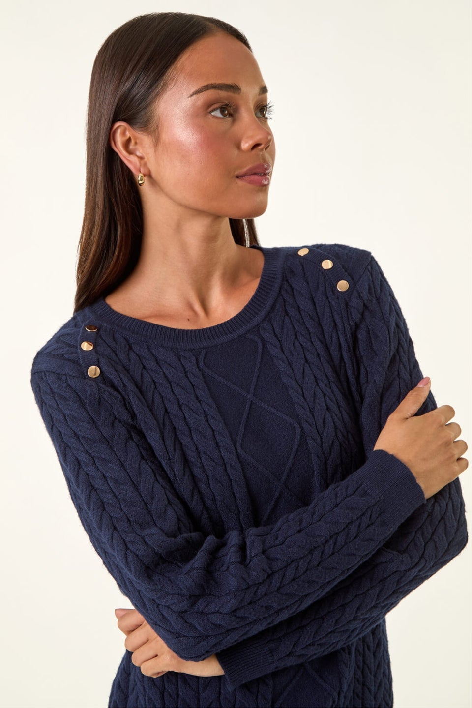Roman Navy Petite Button Cable Knit Jumper