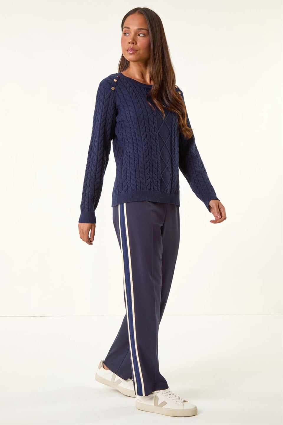 Roman Navy Petite Button Cable Knit Jumper