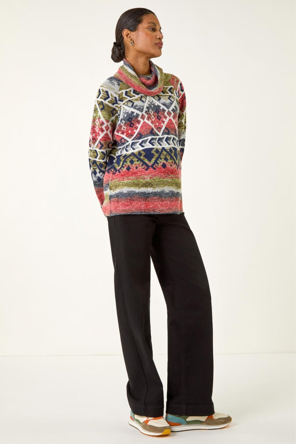 Roman Orange Aztec Print Roll Neck Knit Jumper