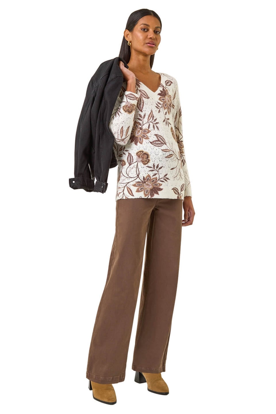 Roman Ivory Floral Print V-Neck Knit Jumper