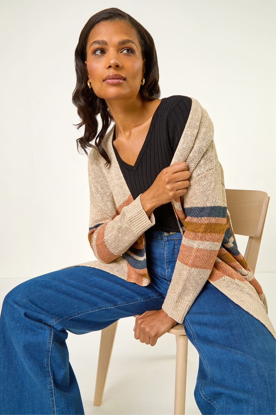 Roman Camel Stripe Knit Longline Cardigan