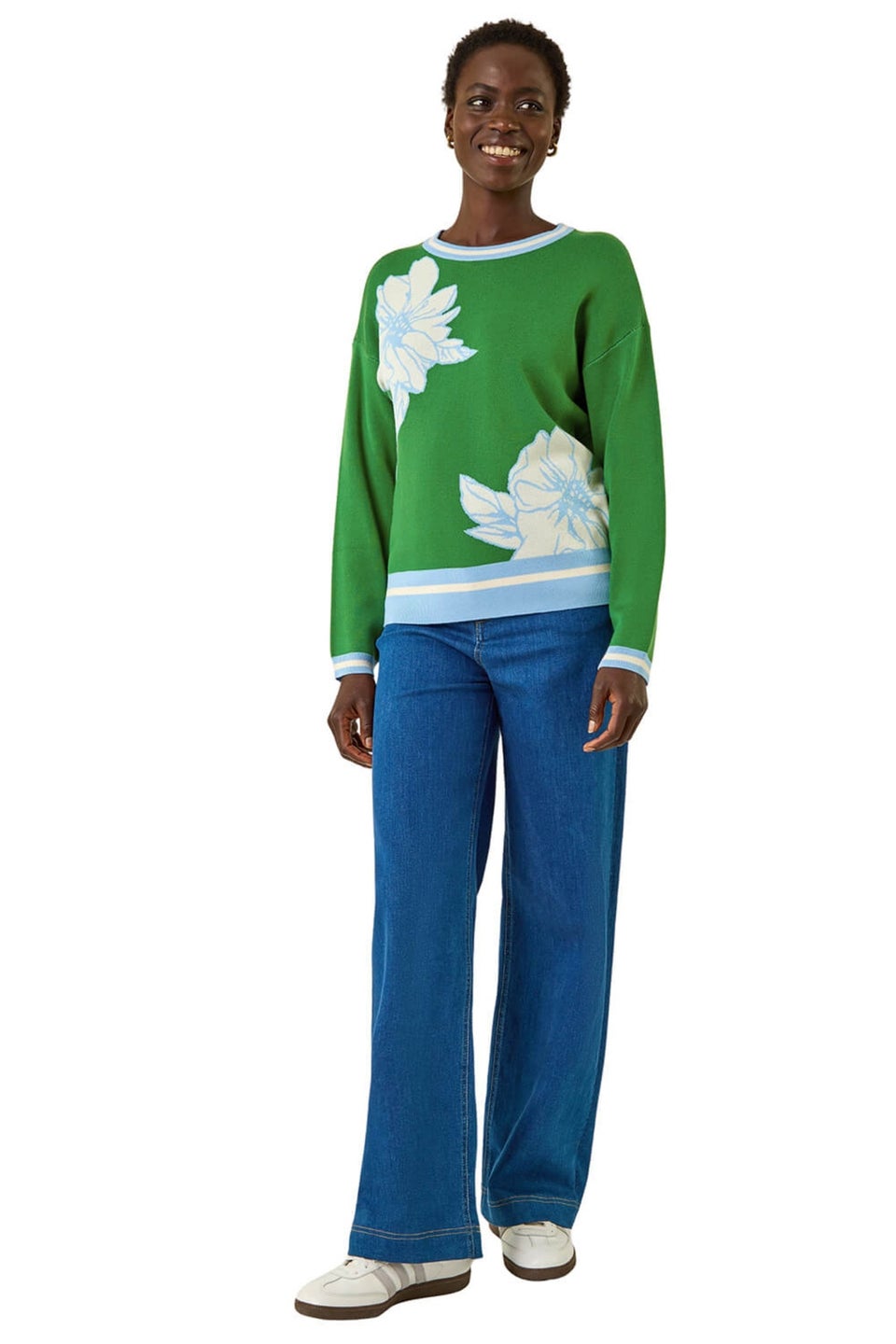 Roman Green Colour Block Floral Knit Jumper