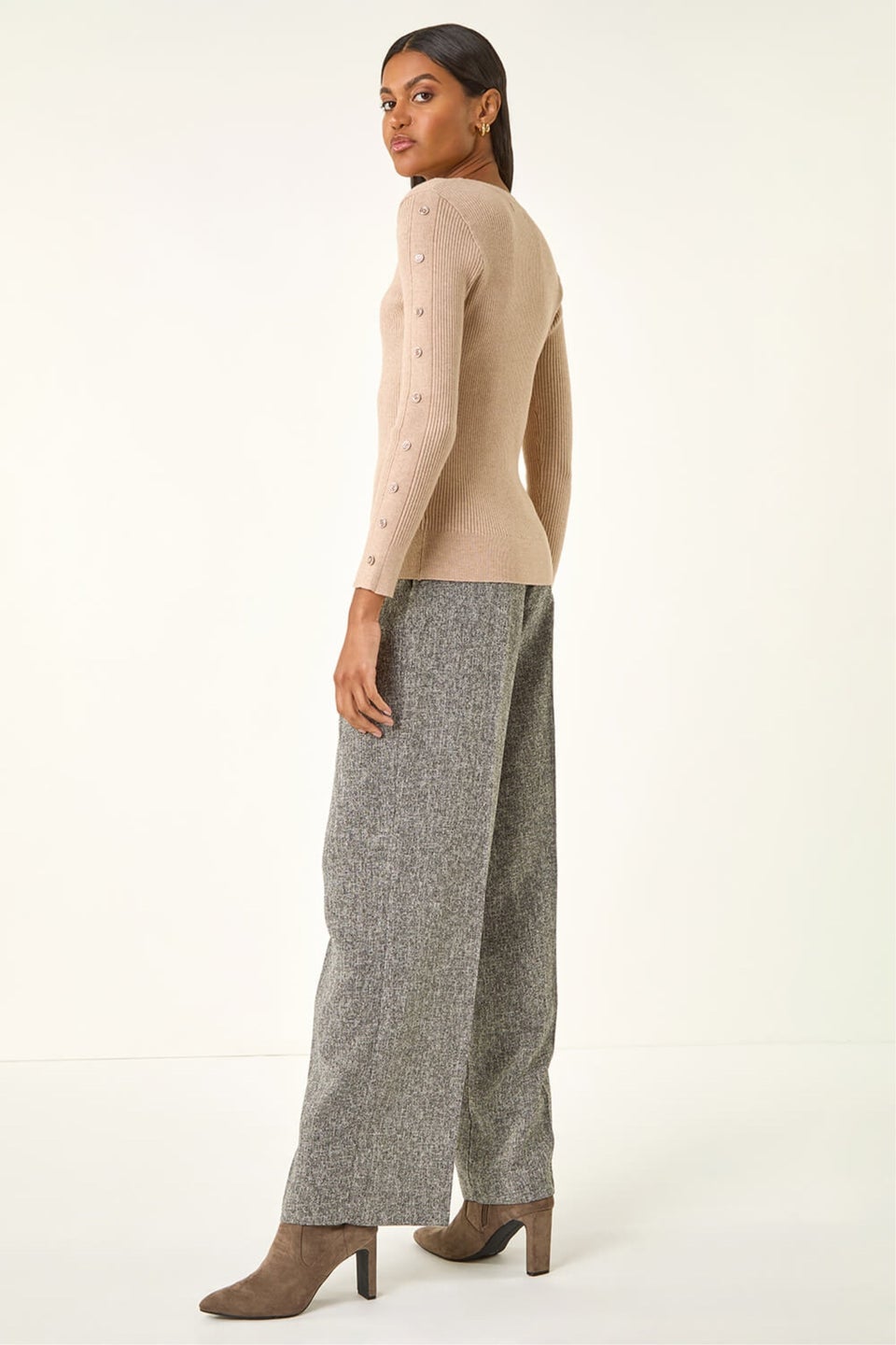 Roman Beige Button Ribbed Knit Jumper