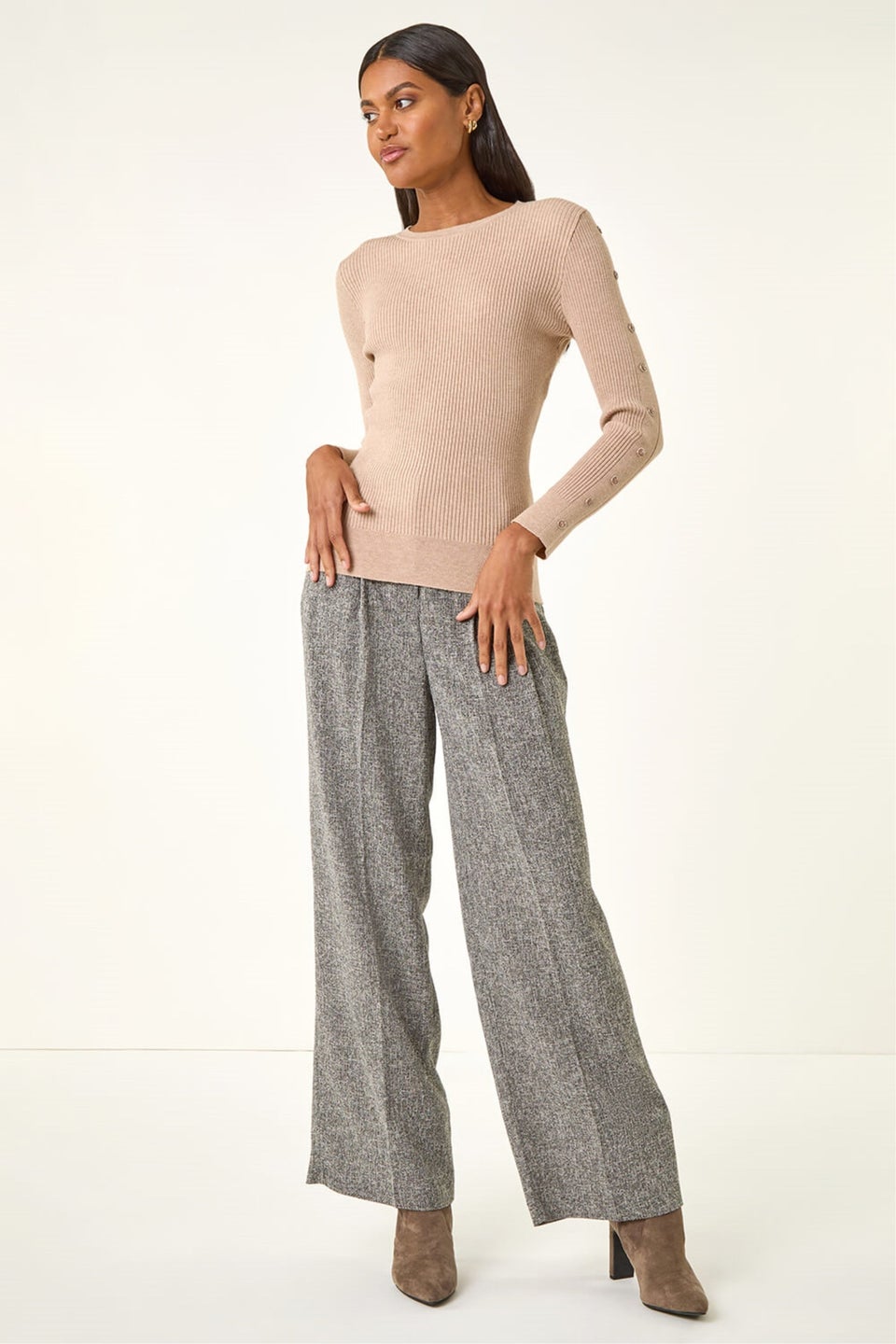 Roman Beige Button Ribbed Knit Jumper