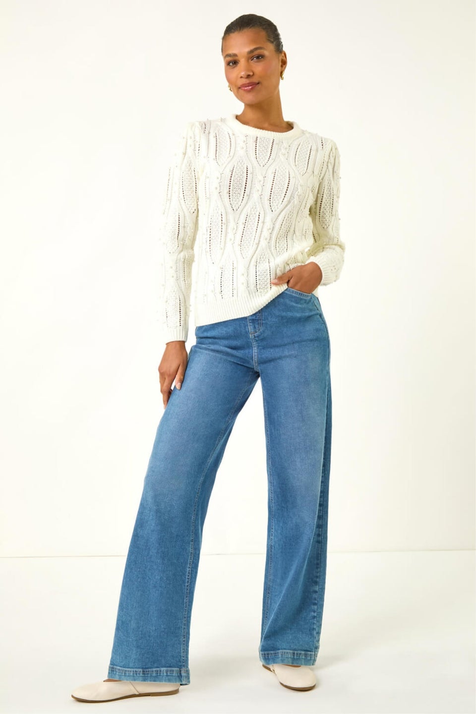 Roman Ivory Pearl Cable Knit Jumper