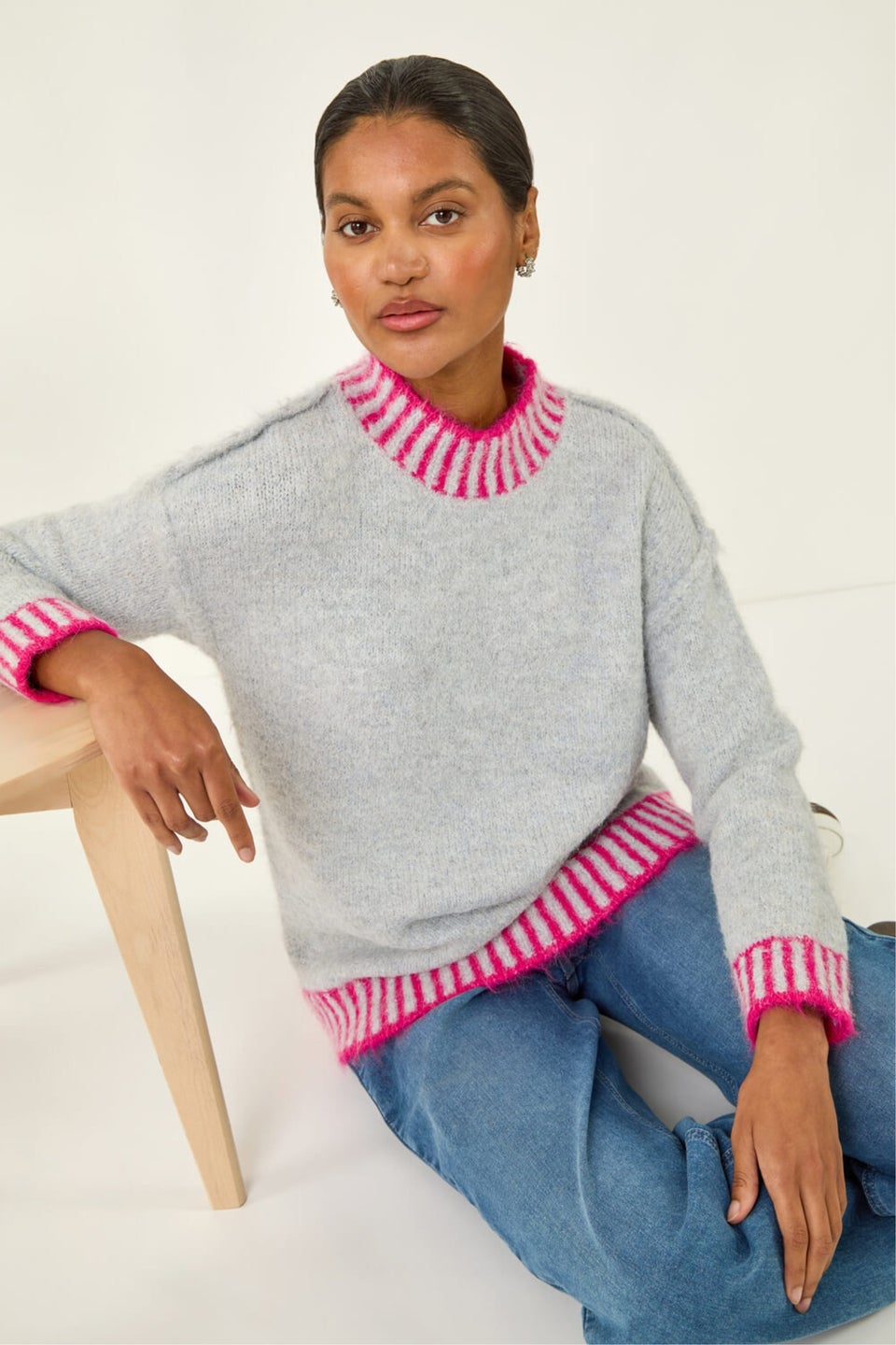 Roman Grey Contrast Colourblock Knit Jumper