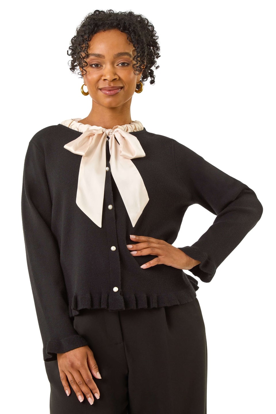 Roman Black Petite Tie Neck Frill Hem Cardigan