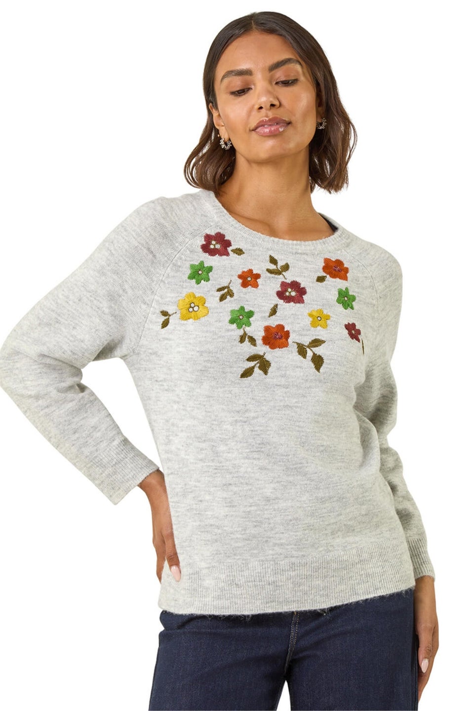 Roman Grey Floral Embroidered Knit Jumper