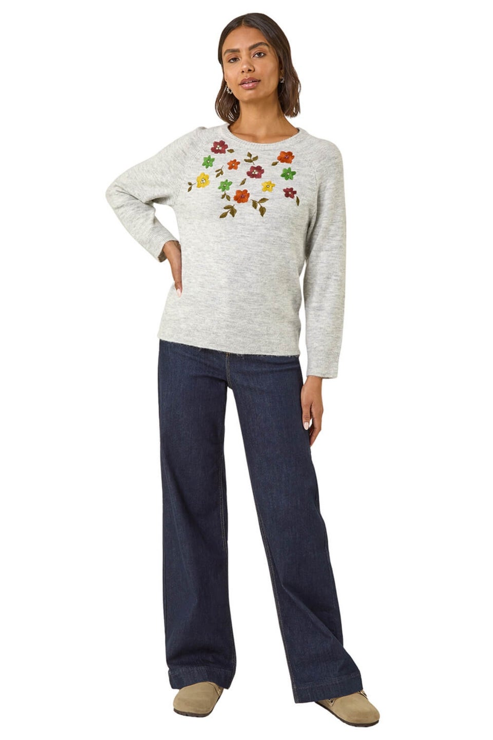 Roman Grey Floral Embroidered Knit Jumper