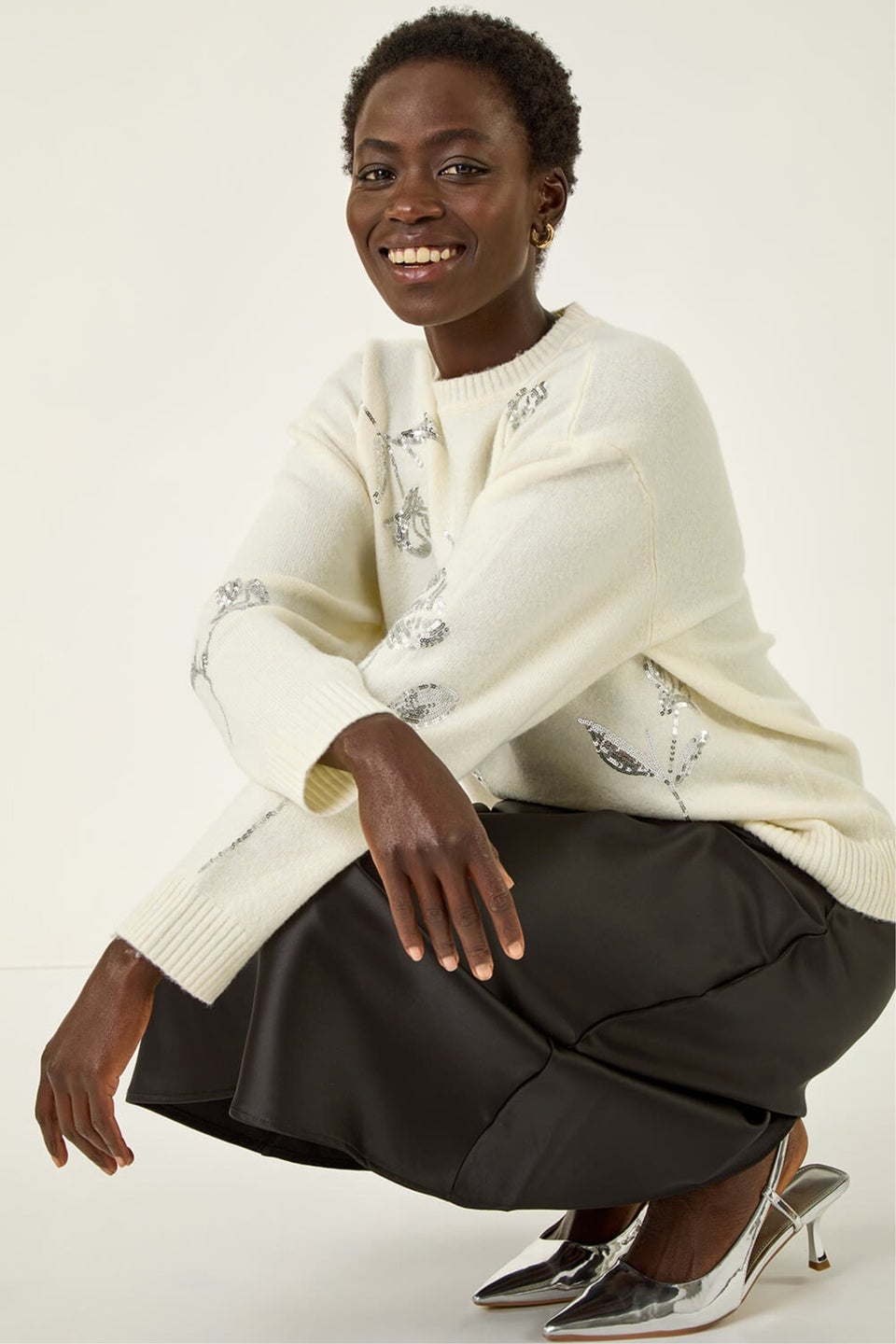Roman Ivory Floral Sequin Knit Jumper