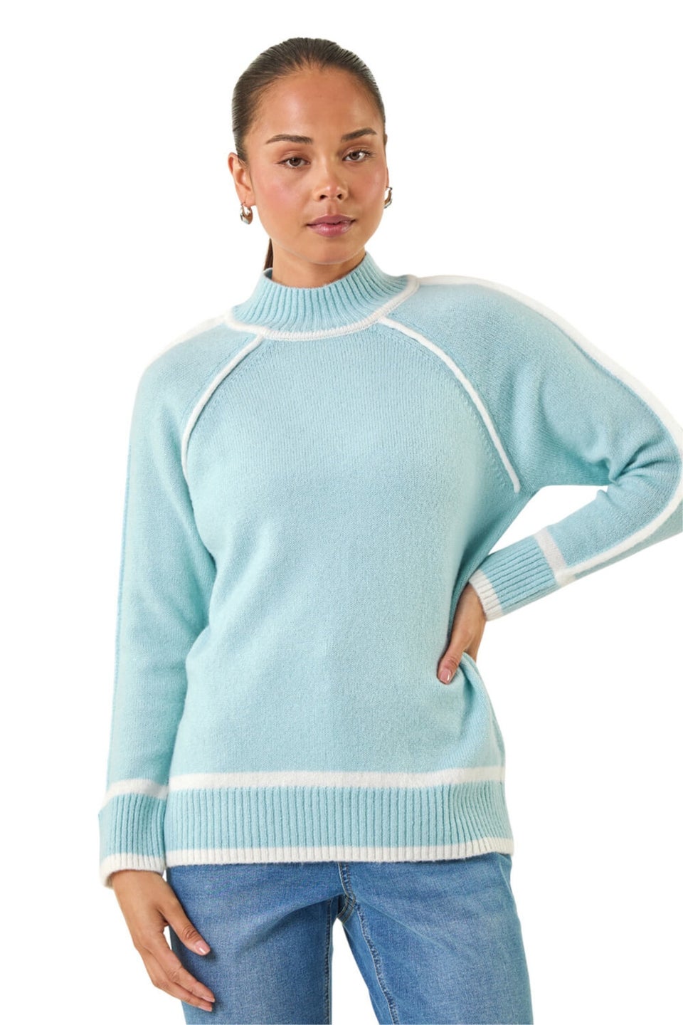 Roman Blue Petite Contrast Ribbed Knit Jumper