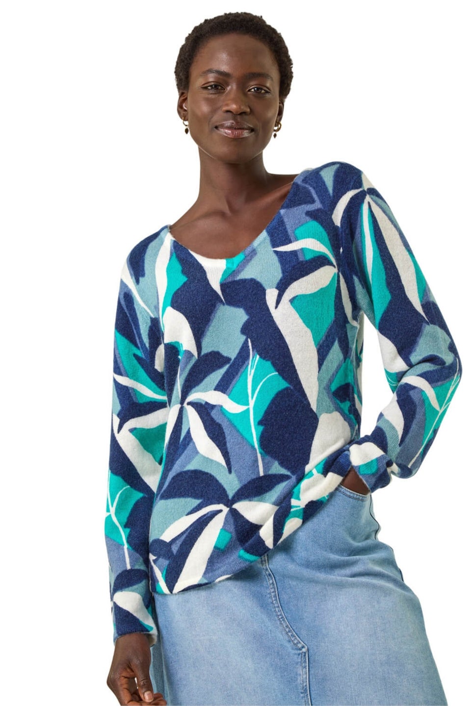 Roman Blue Abstract V-Neck Knit Jumper