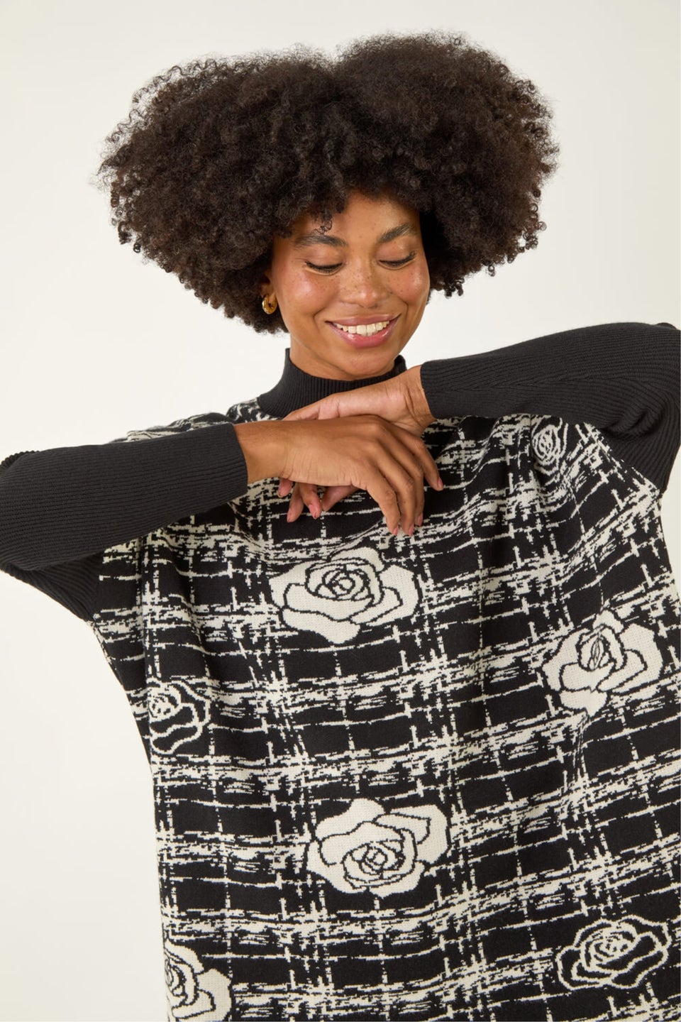 Roman Black Plaid Rose Detail Knit Jumper