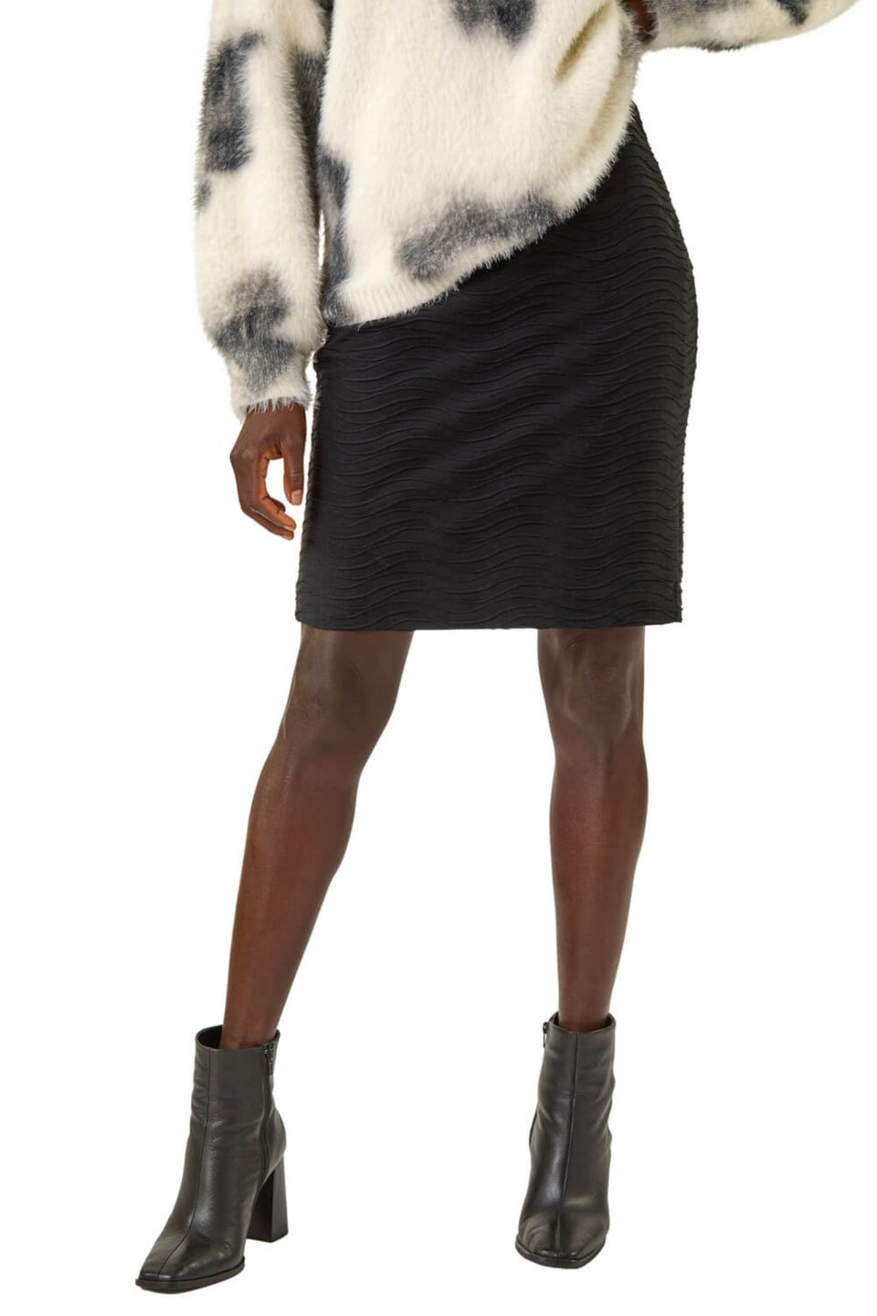 Roman Black Wave Textured Stretch Pencil Skirt