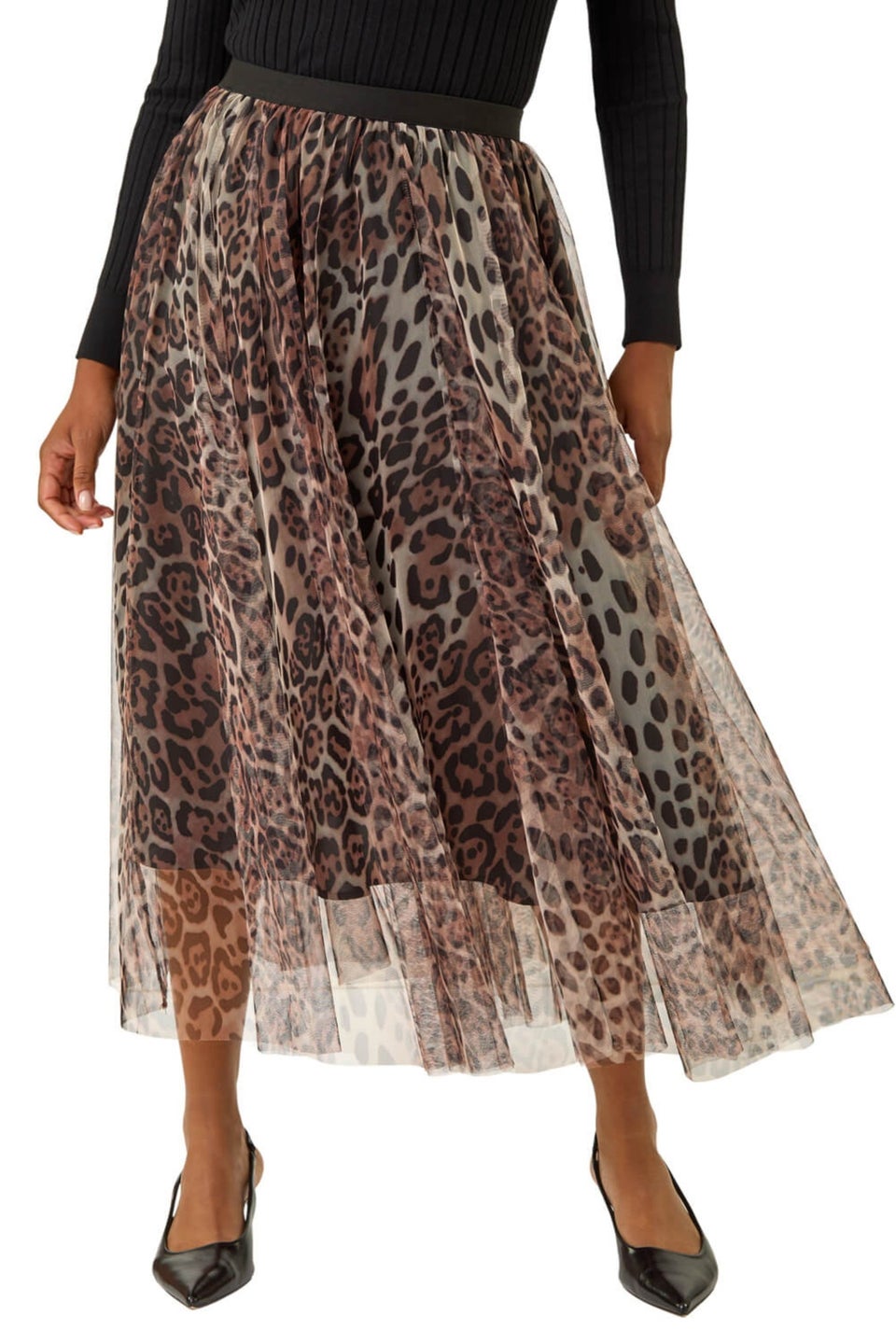 Roman Chocolate Animal Print Mesh Layered Skirt