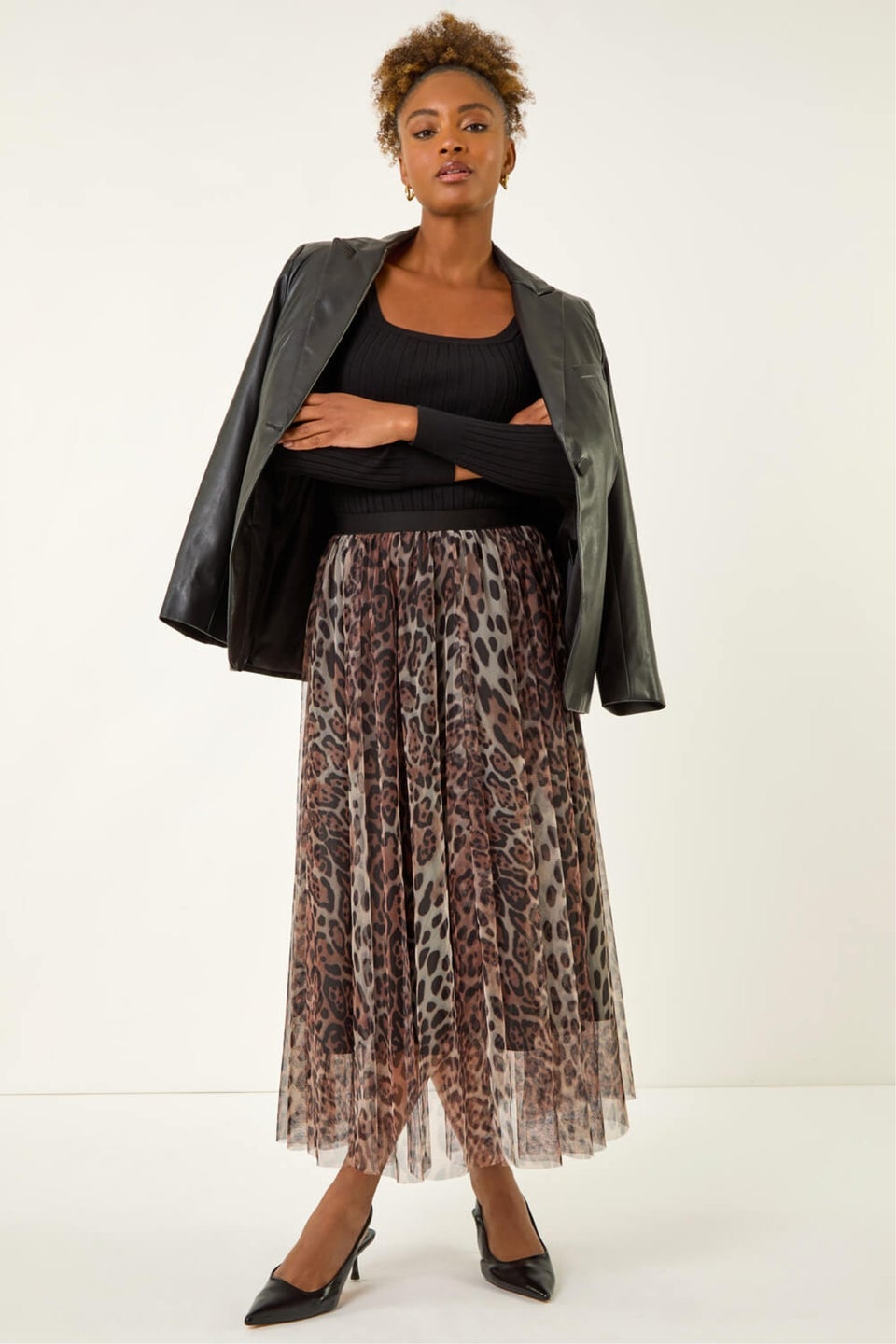 Roman Chocolate Animal Print Mesh Layered Skirt