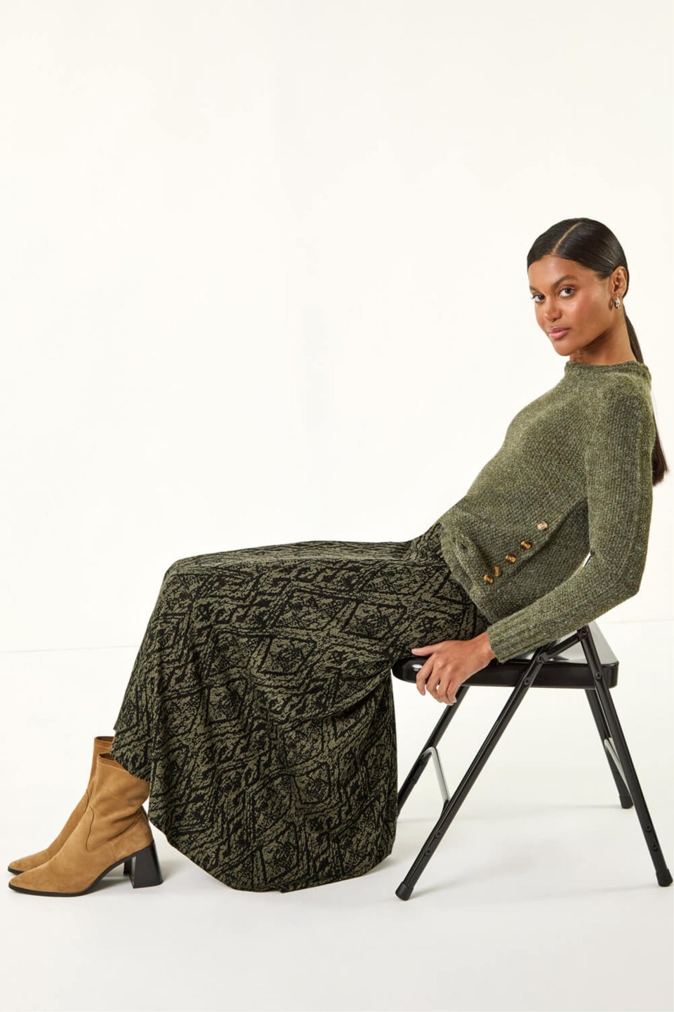 Roman Khaki Abstract Diamond Print Midi Skirt