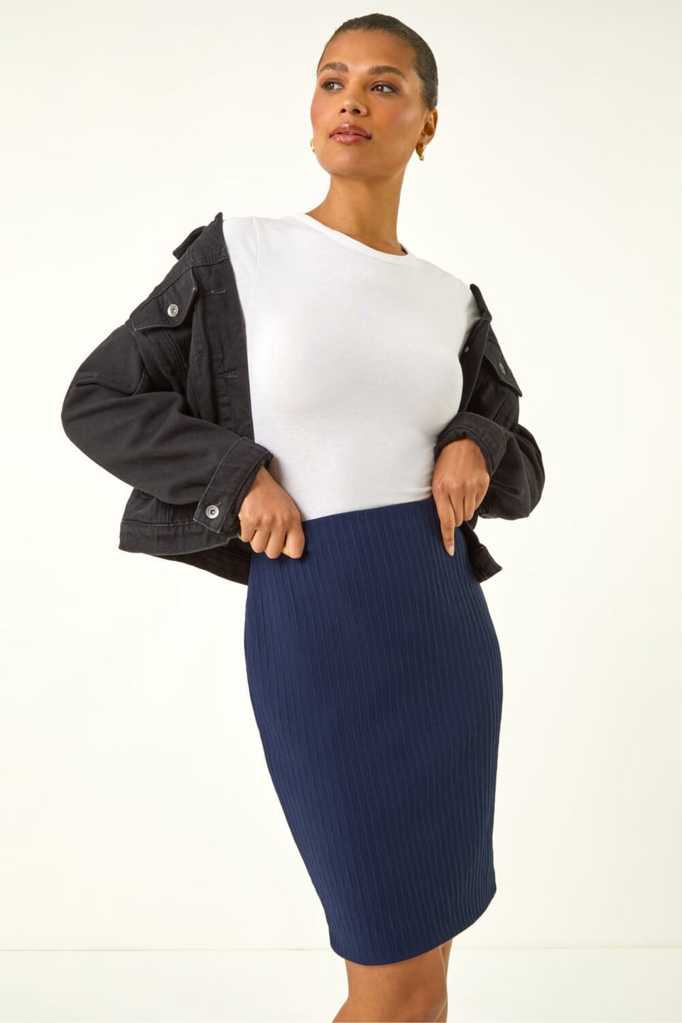 Roman Navy Cable Textured Stretch Pencil Skirt