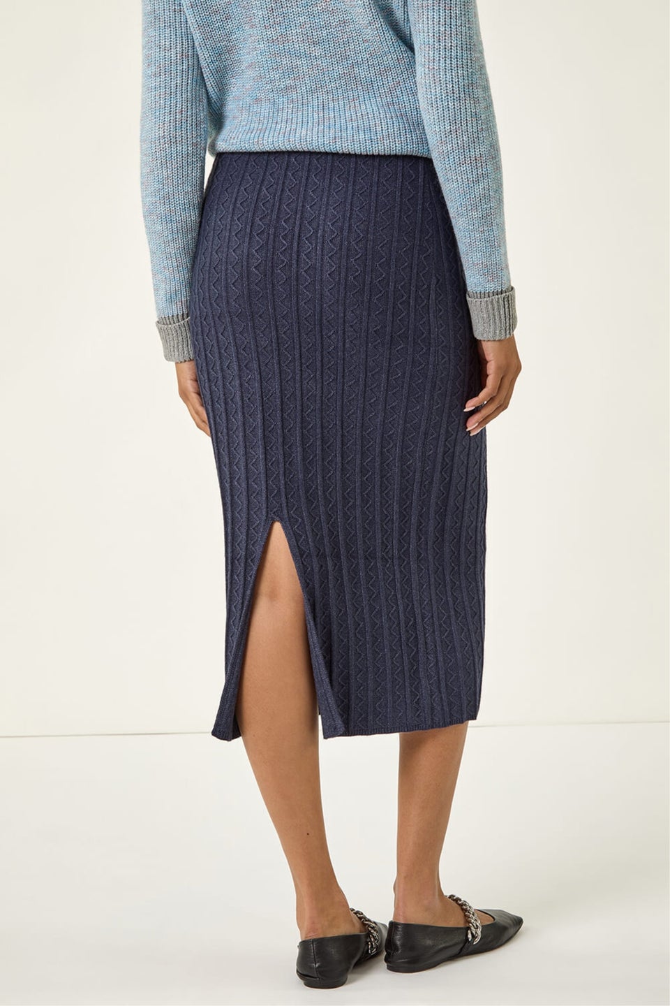 Roman Denim Cable Knit Midi Pencil Skirt