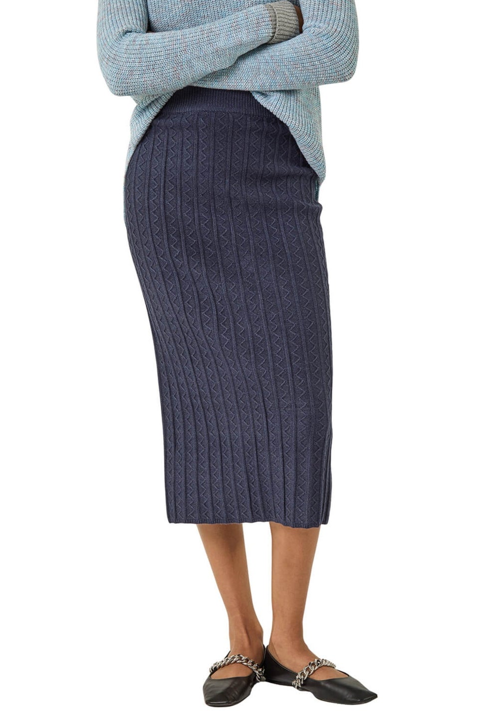 Roman Denim Cable Knit Midi Pencil Skirt