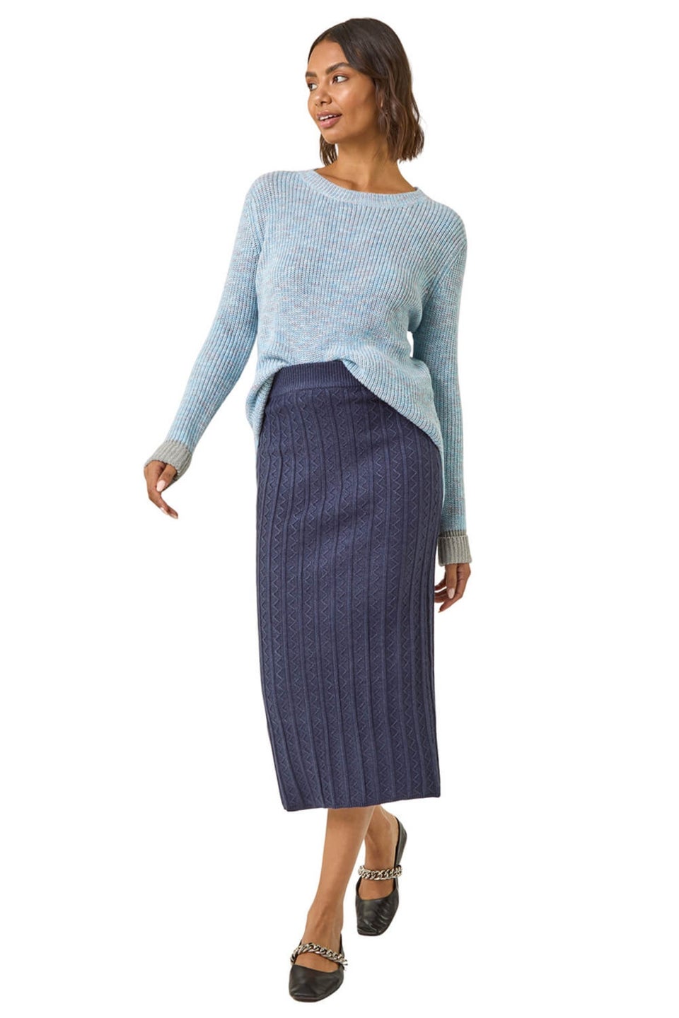 Roman Denim Cable Knit Midi Pencil Skirt