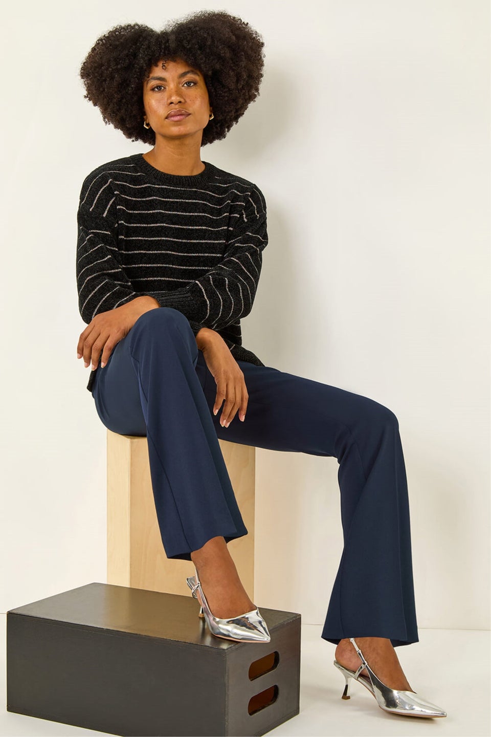 Roman Navy Bootcut Crepe Stretch Trousers