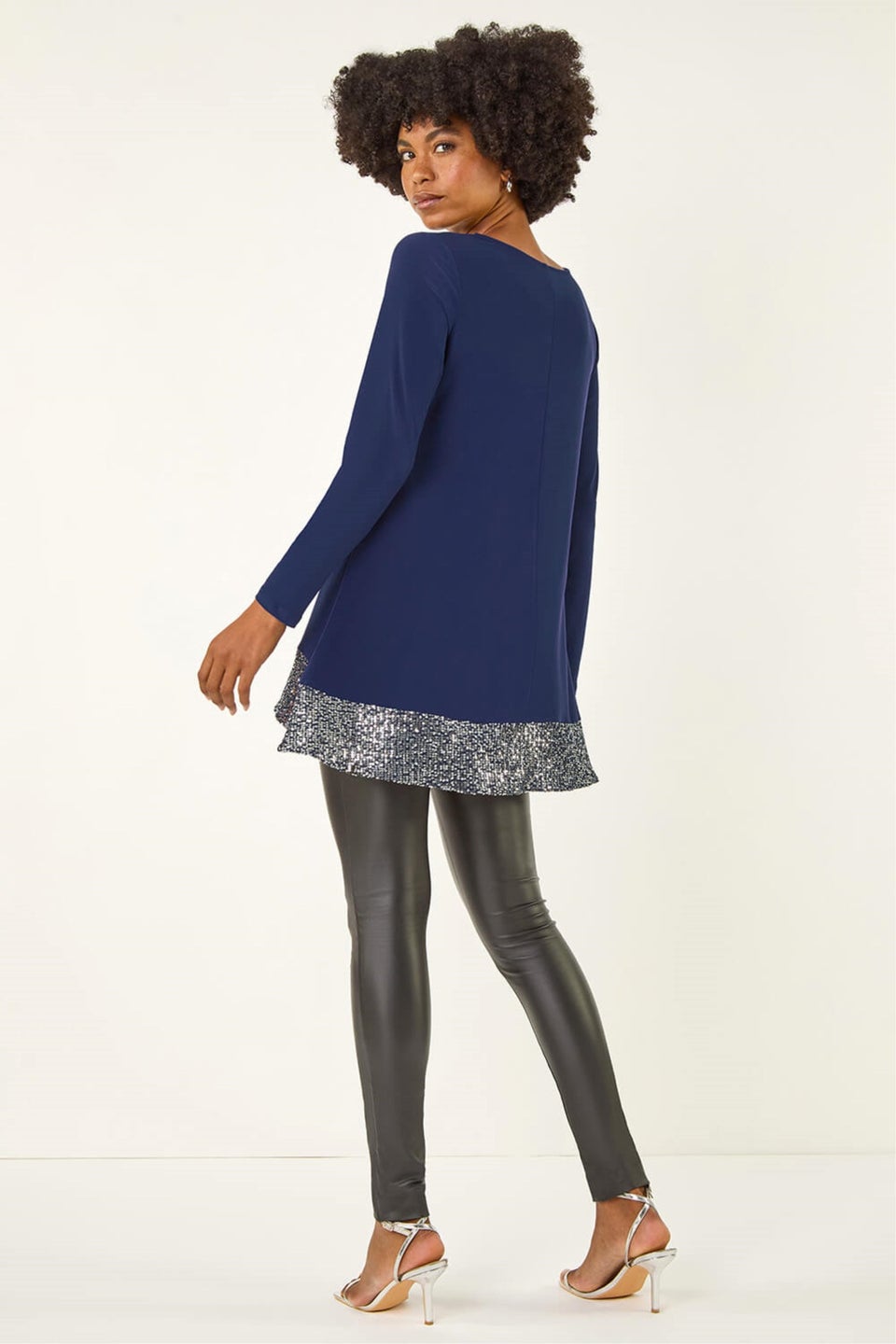 Roman Navy Sequin Hem Tunic Stretch Top