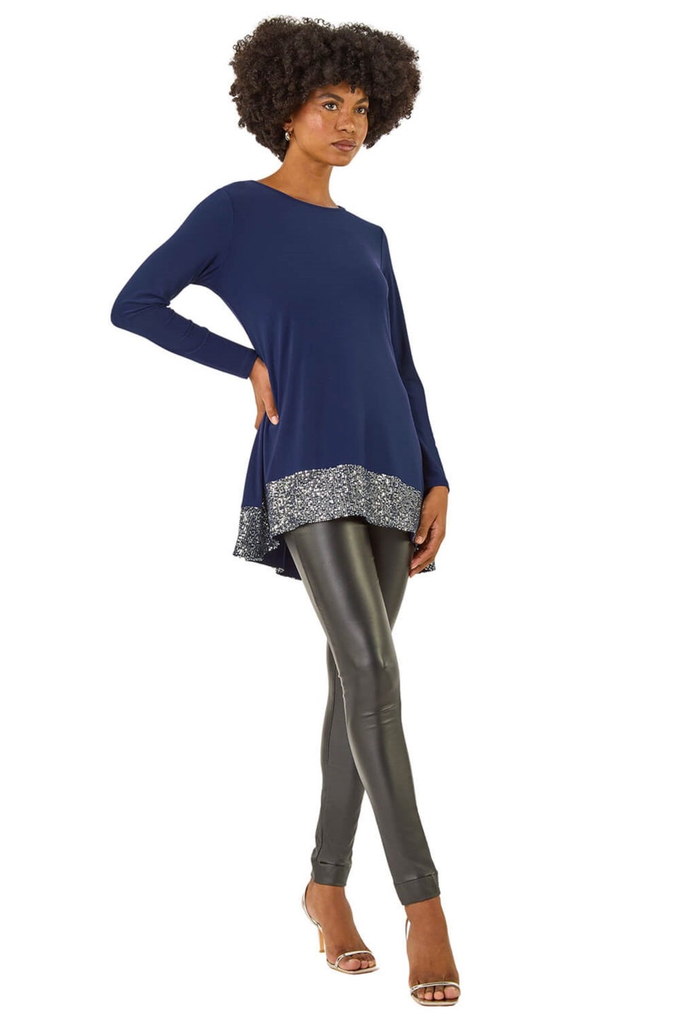 Roman Navy Sequin Hem Tunic Stretch Top