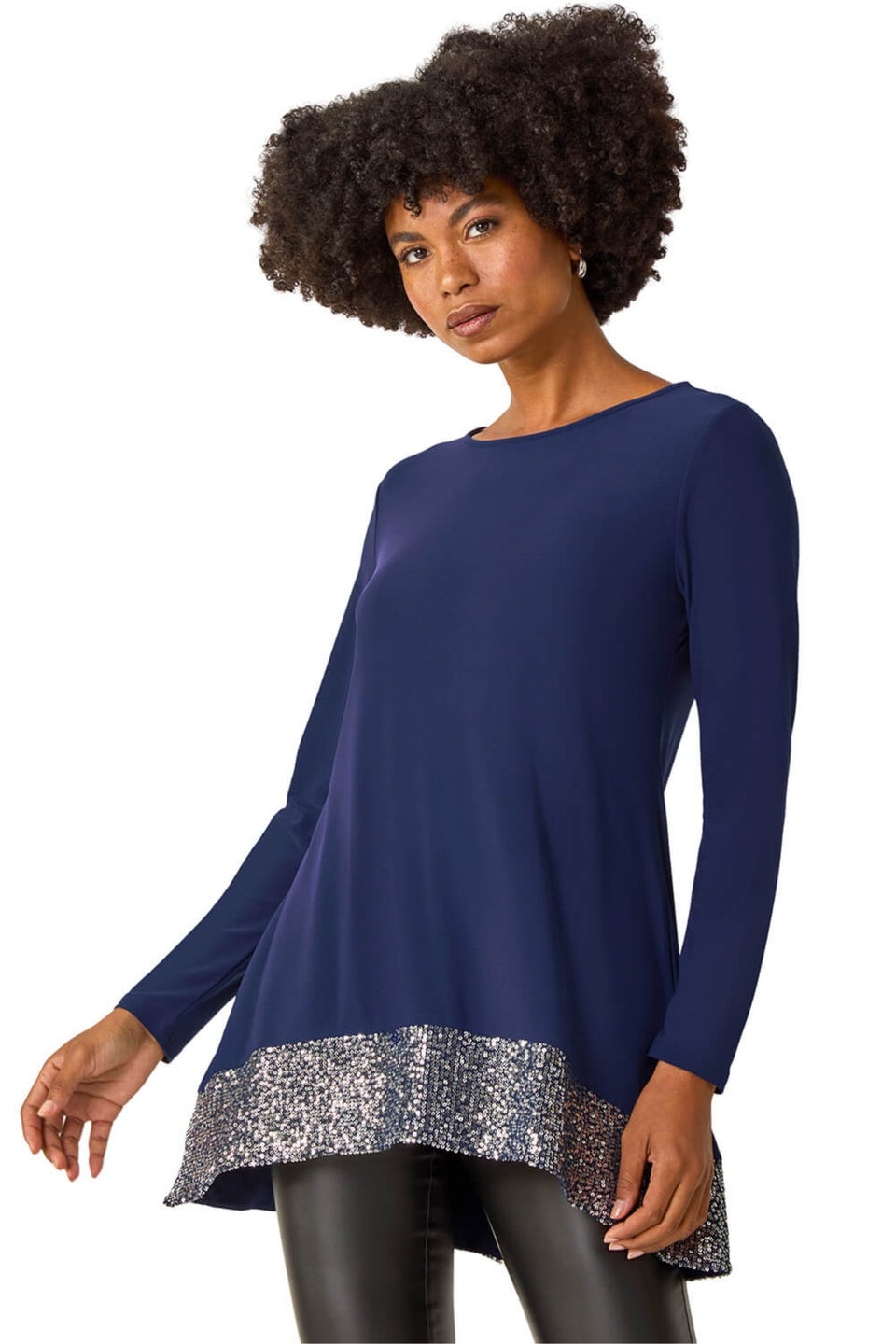 Roman Navy Sequin Hem Tunic Stretch Top