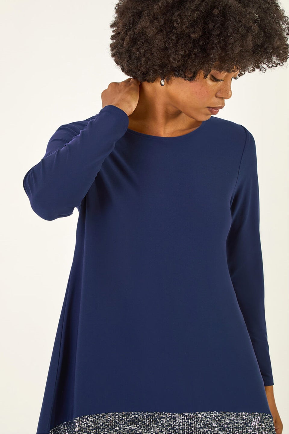 Roman Navy Sequin Hem Tunic Stretch Top