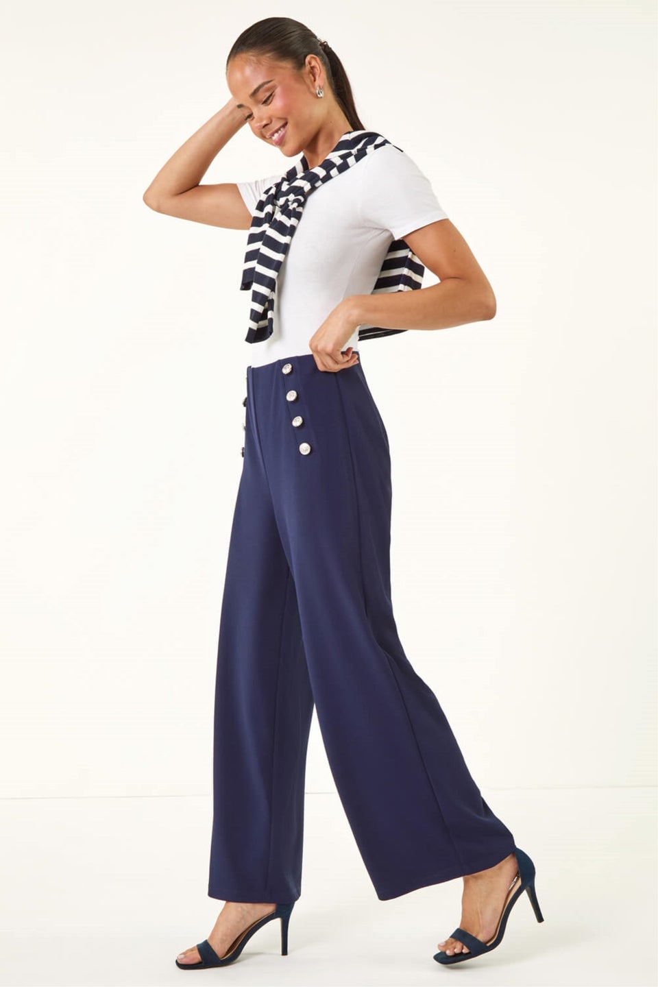 Roman Navy Petite Button Detail Wide Leg Trouser