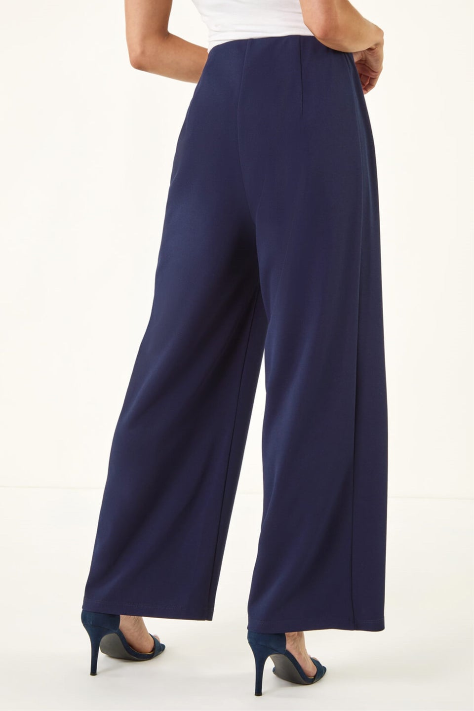Roman Navy Petite Button Detail Wide Leg Trouser