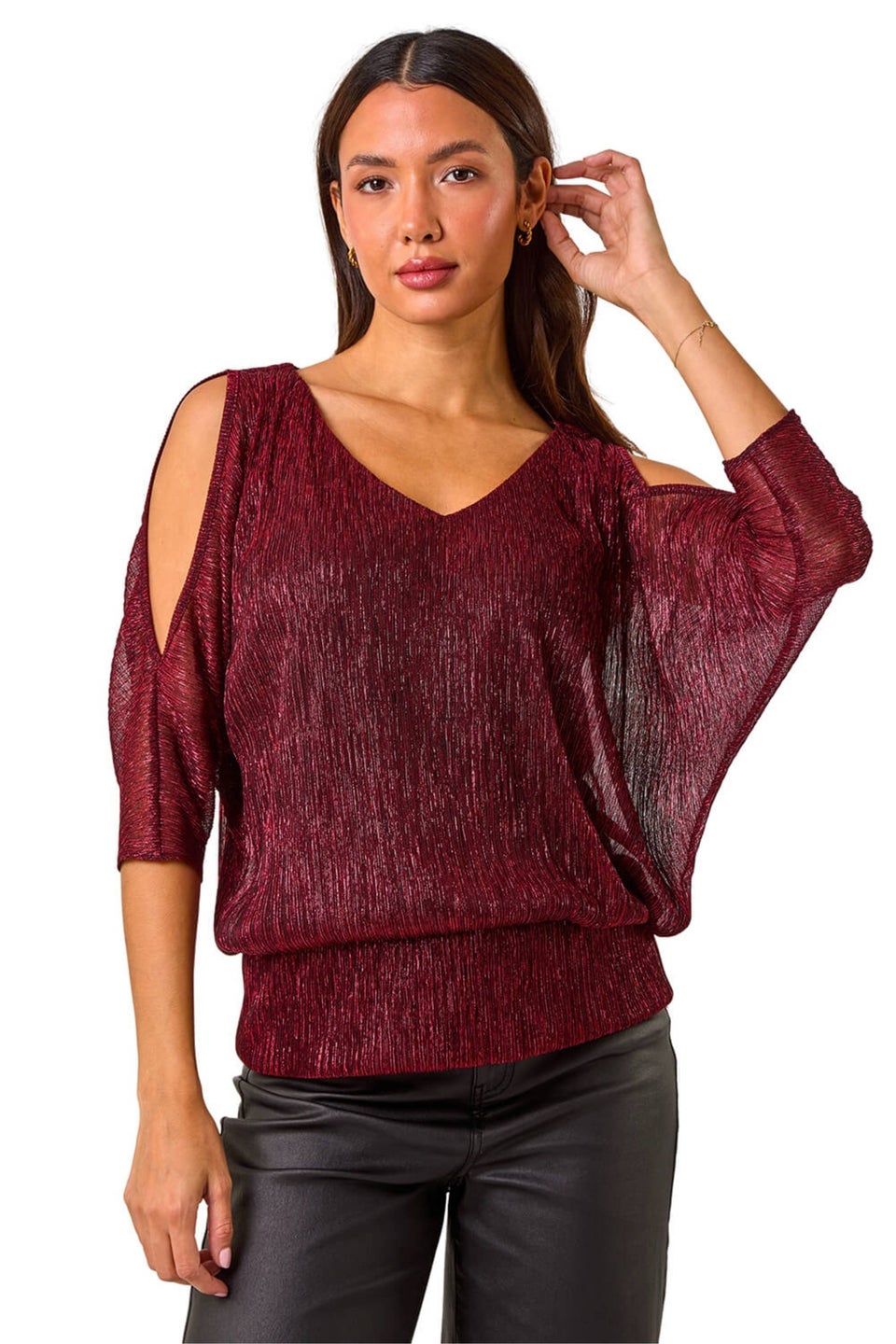 Roman Red Metallic Plisse Banded Hem Top