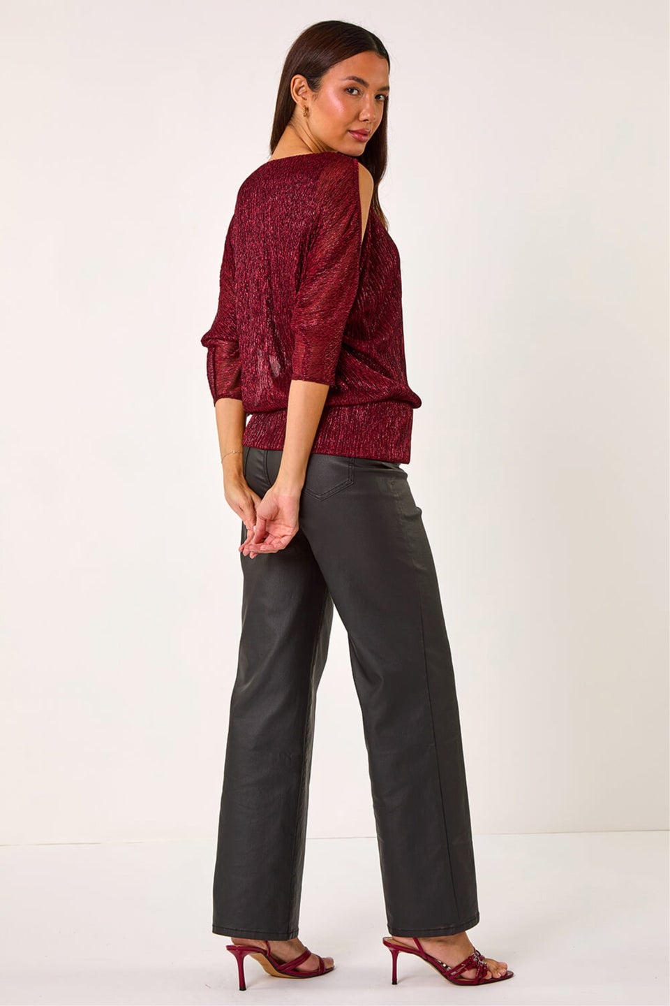 Roman Red Metallic Plisse Banded Hem Top