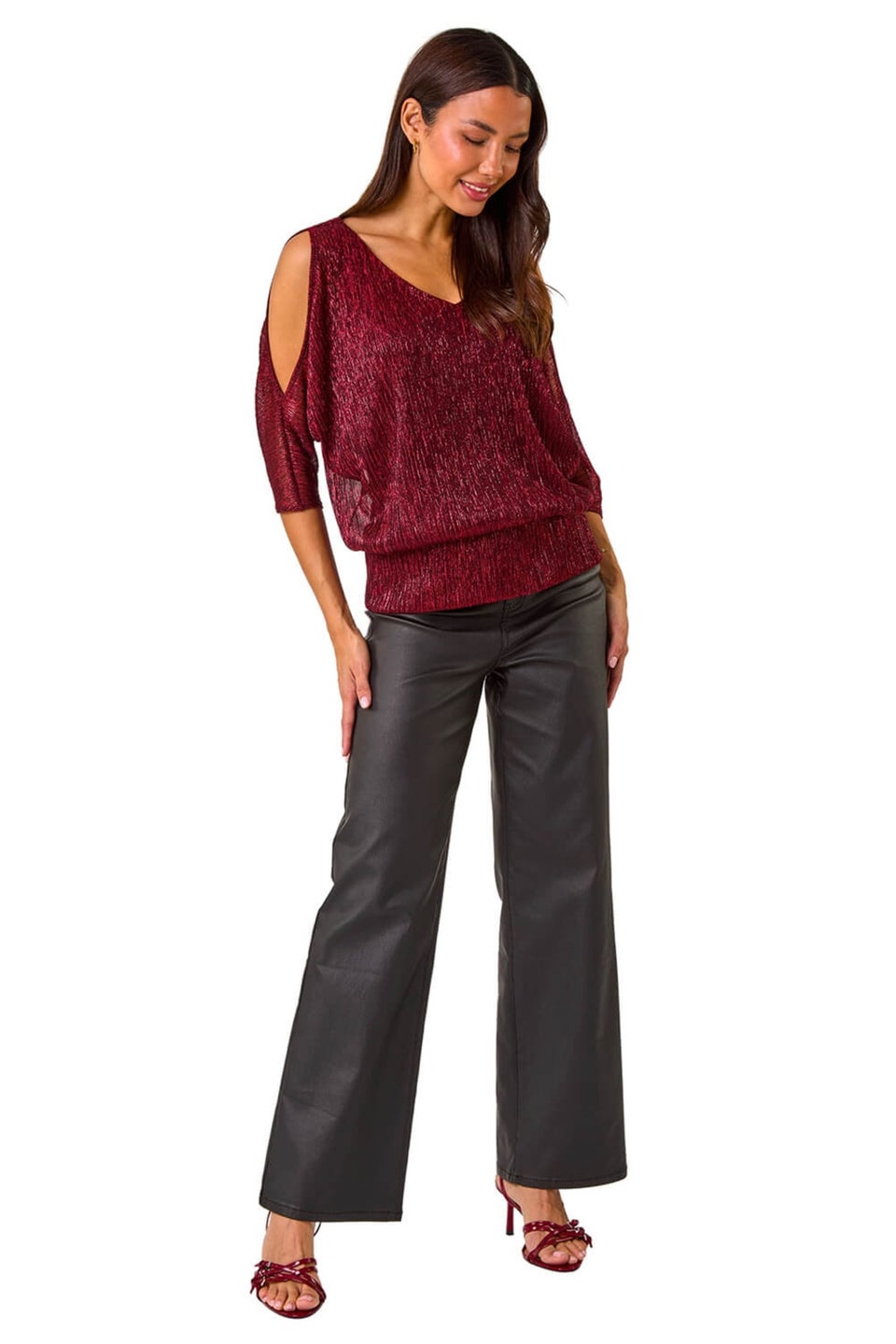 Roman Red Metallic Plisse Banded Hem Top