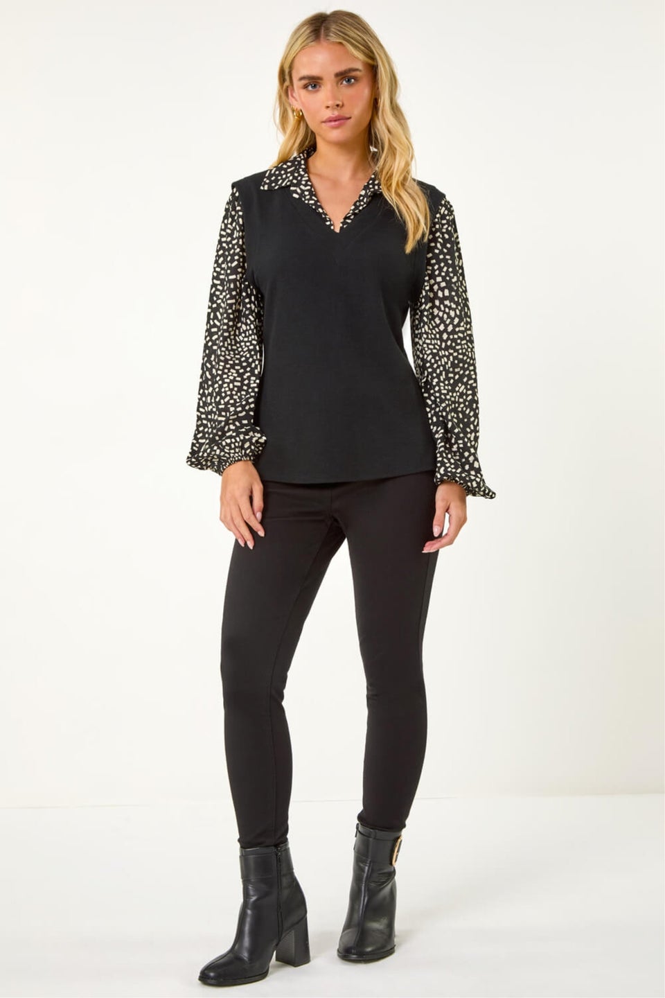 Roman Black Petite 2 in 1 Contrast V-Neck Top