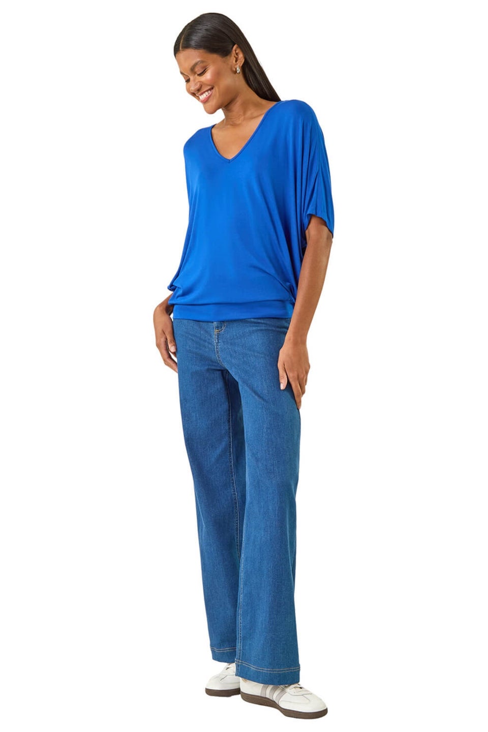 Roman Royal Blue V-Neck Grown On Sleeve Stretch Top