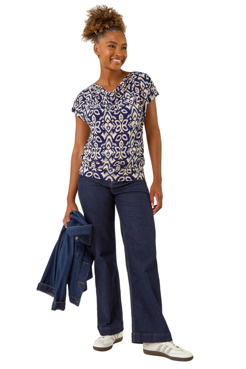 Roman Navy Geo Print Cowl Neck Stretch Top