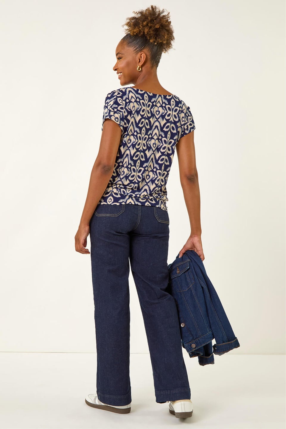 Roman Navy Geo Print Cowl Neck Stretch Top