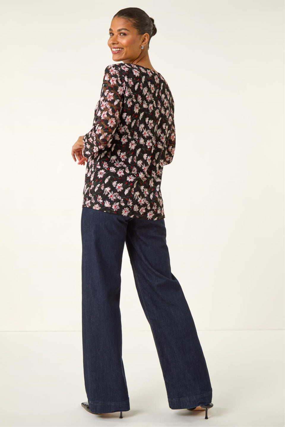 Roman Black Floral Print Stretch Top