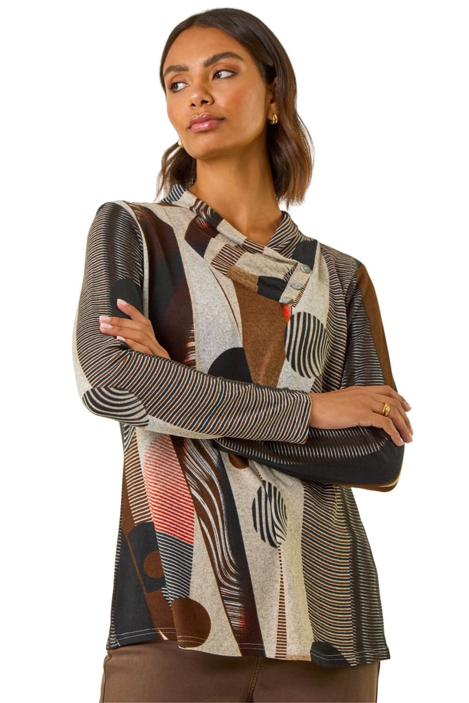 Roman Brown Abstract Print Snit Top