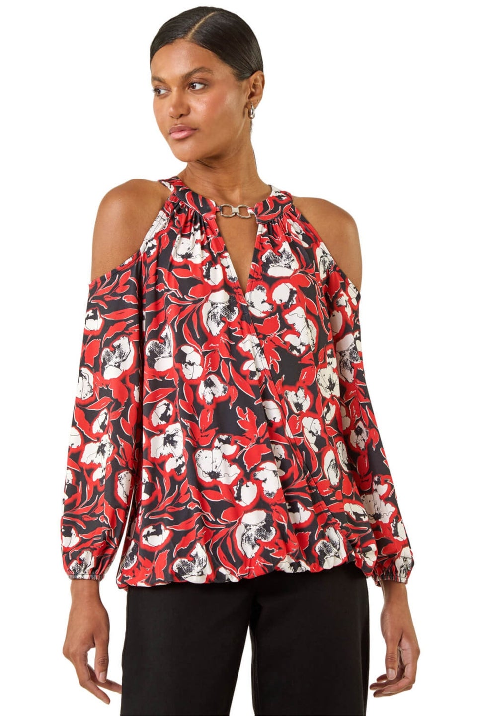 Roman Red Printed Cold Shoulder Stretch Top